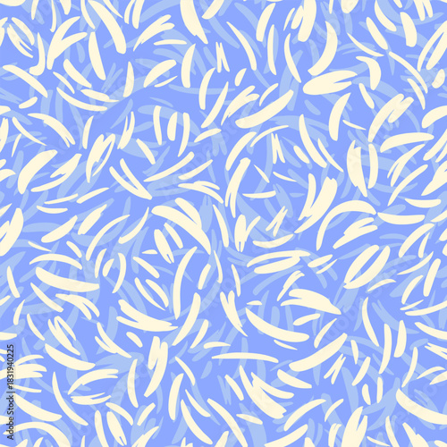 Seamless vector pattern with lively abstract brush strokes in soft cream on a cool blue background. Dynamic, modern texture for textiles, packaging, wallpaper, and branding