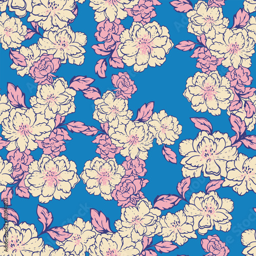 Elegant seamless floral pattern with hand drawn blossoms in soft cream and pink tones on a vivid blue background. Delicate botanical design for textiles, packaging and spring decor