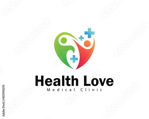 health love logo creative design concept medical people plus clinic
