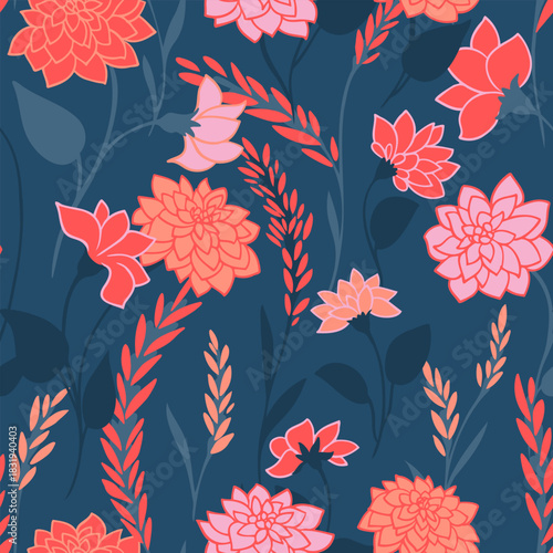 Seamless floral vector pattern with bold coral and pink blossoms, leafy stems and decorative sprigs on a deep blue background. Elegant botanical design for textiles and prints