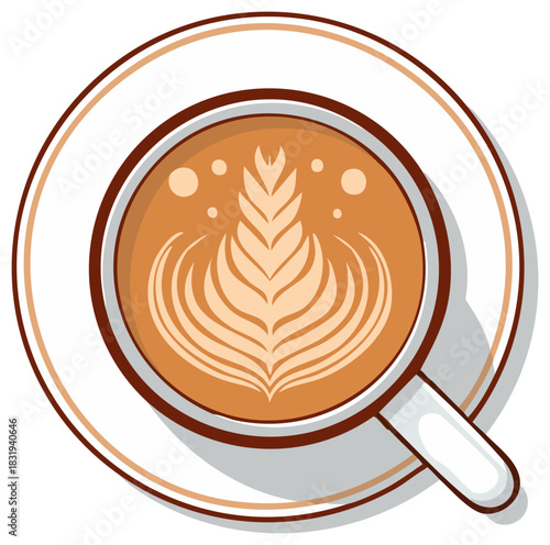 Latte art coffee drink with fern pattern in cup