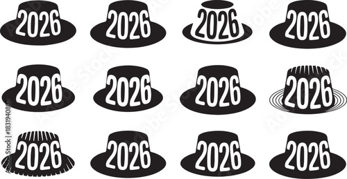 Twelve black and white graphic icons of hats with the year 2026 inscribed on them new year celebration