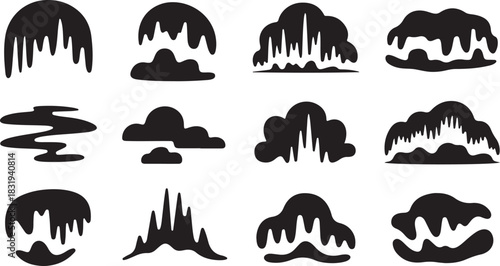 Twelve Black Abstract Shapes Resembling Dripping Liquids or Clouds Keywords: abstract, shape, liquid, dripping, fluid, cloud, smoke, vapor, organic, form, design, icon, symbol, graphic