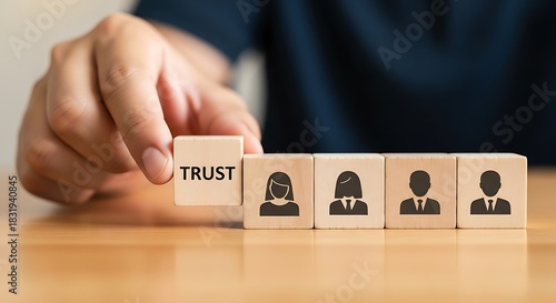 Building trust in business relationships a hand places a trust block next to team member icons on wooden blocks