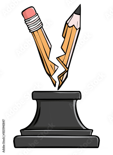 Broken pencil with eraser above a dark decorative platform cartoon illustration