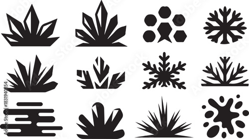 Twelve black and white icons of ice crystals, snowflakes, and abstract ice formations Keywords: ice, crystal, snowflake, frost, winter, cold, frozen, nature, season, element, design, graphic, icon