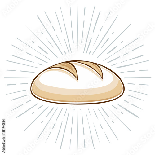 Illustration of a loaf of bread with a sunburst design background element