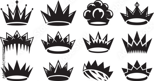 Twelve Black Crown Silhouettes in Various Styles on White Background royalty king