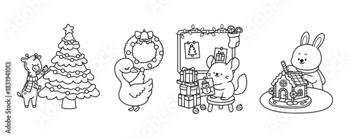 Set of Cute Animals Decorating for Christmas. Black and White Outline Flat cartoon style vector illustration