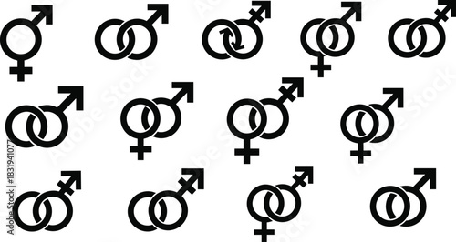 Gender and orientation symbol grid, diversity icons, inclusive identity illustration, LGBTQ+ vector, relationship symbols, equality concept, black graphic