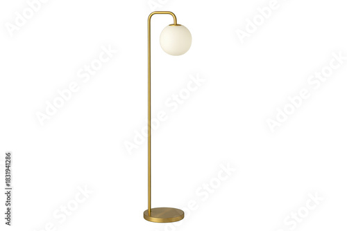 Modern golden floor lamp with globe shade isolated on transparent background.