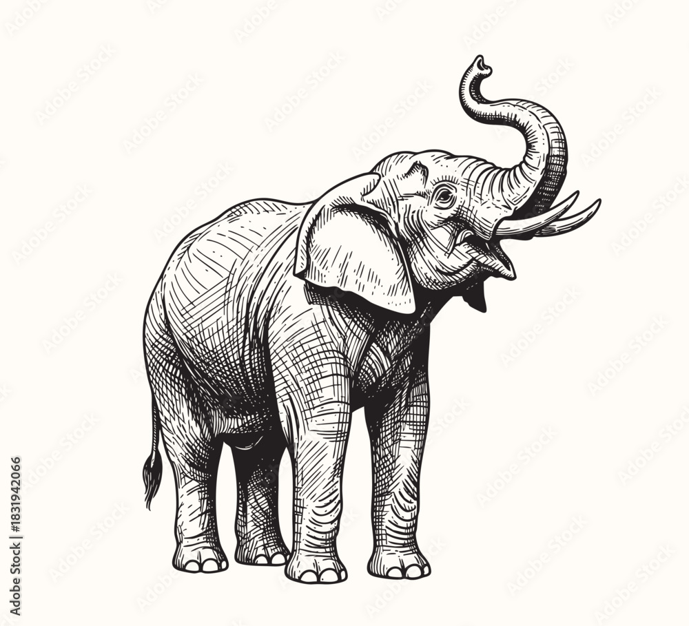 Fototapeta premium Old-style black ink engraving of an elephant standing firmly, hand-drawn etching technique
