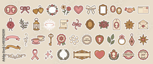 Vintage romance icon set. featuring heart, flower, key, ribbon, frame, letter, bow, lantern, wreath, cameo, handshake. Vector collection