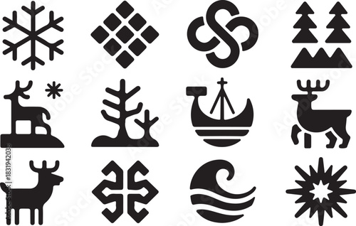 Winter Themed Black Icons Featuring Snowflakes, Trees, Reindeer, and Viking Ship Keywords: icon, winter, christmas, snowflake, reindeer, deer, tree, forest, viking, ship, boat, wave, nature