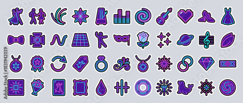Artistic icons set: music, dance, flower, mask, jewel, star, dress, heart, violin, sun, planet, spiral. Vector collection