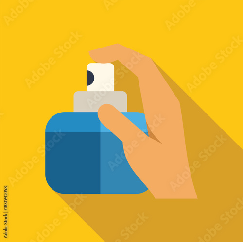 Hand holding and spraying blue perfume bottle on yellow background, beauty and fashion concept