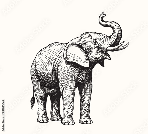 Old-style black ink engraving of an elephant standing firmly, hand-drawn etching technique