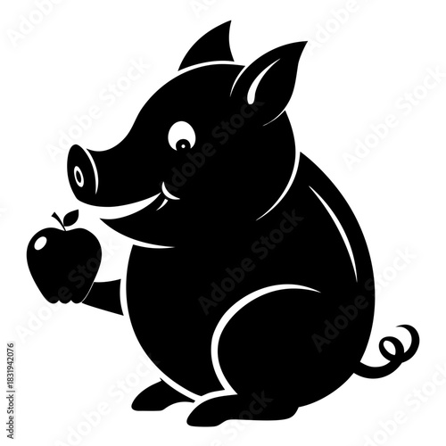 Chubby pig silhouette holding a small apple silhouette