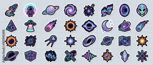 Space icons set. containing rocket, astronaut, planet, galaxy, ufo, meteor, sun, moon, alien and more. Vector collection