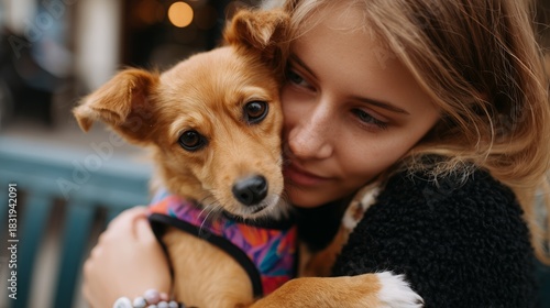 Fototapeta Naklejka Na Ścianę i Meble -  Young woman cuddles with her small dog in a cozy outdoor setting during evening hours