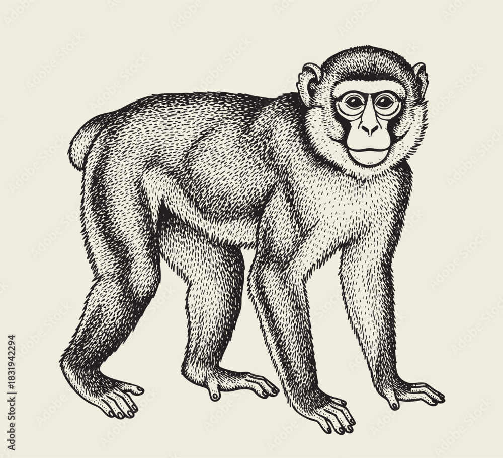 Obraz premium Detailed black and white monkey drawing in vintage style