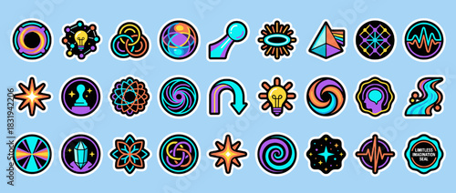 Cosmic and geometric icon set. featuring planet, atom, crystal, lightbulb, star, vortex, spiral, and wave icons. Vector collection