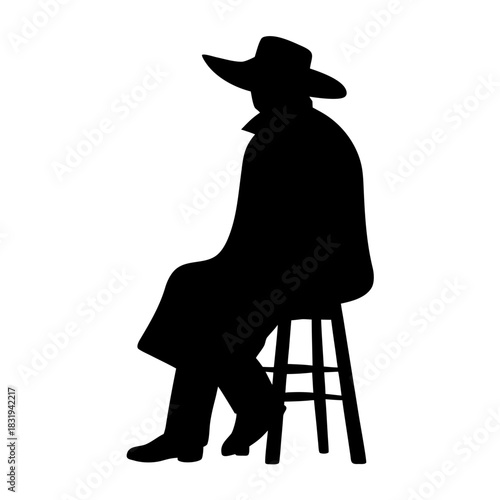 Man in cowboy hat and coat sitting on stool silhouette
