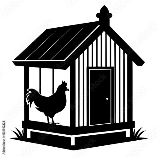 Rooster standing proudly beside a wooden chicken coop silhouette