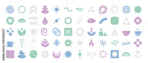 Spa and wellness icons set. featuring leaves, water, stone, candle, lotus, steam, flower, aroma, wave, and more. Vector collection