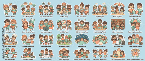 Friendship and activities icon set. containing pets, reading, camping, cooking, gaming, crafting, holiday, sharing, study and more. Vector collection