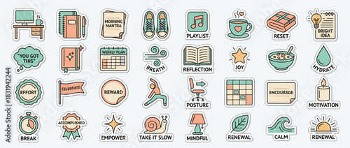 Wellness and motivation icon set. containing mantra, shoes, playlist, tea, reset, idea, hydrate, candle and more. Vector collection