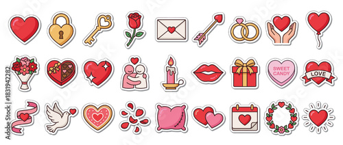 Valentine’s day icon set. containing heart, lock, key, rose, love letter, rings, bouquet, candle, gift. Vector collection