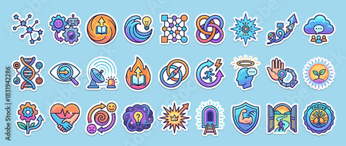 Science and growth icon set. containing innovation, network, graph, dna, growth, data, cloud, idea, technology, and more. Vector collection