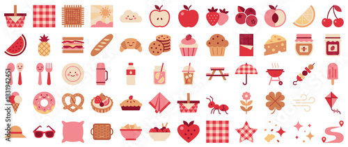 Picnic and food icon set. containing basket, sandwich, watermelon, apple, cheese, drink, grill, dessert, cookie, sun and more. Vector collection