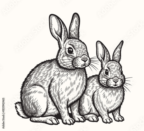 Two cute rabbits are sitting on a light background. Adorable bunny in engraving style. Wild forest animal or furry pet with long ears, vector illustration.