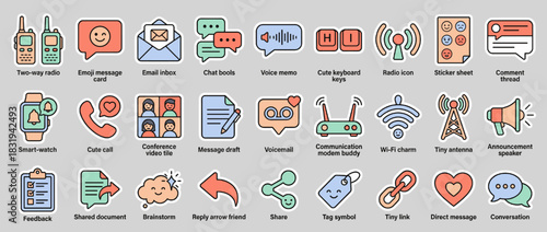Communication and technology icons set. including message, email, radio, memo, chat, call, wi-fi, and more. Vector collection
