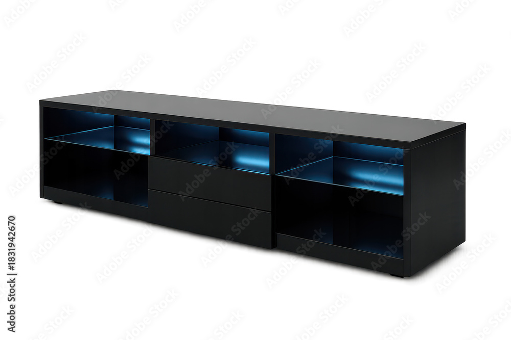Obraz premium Modern black TV stand on transparent background, minimalist style design element