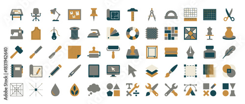 Craft and office icon set. containing desk, chair, board, pin, compass, ruler, scissors, sewing, tools, pottery, and more. Vector collection