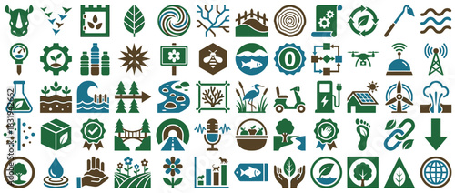 Ecology and sustainability icon set. containing nature, recycling, solar, wind, water, wildlife, eco, energy, and more. Vector collection