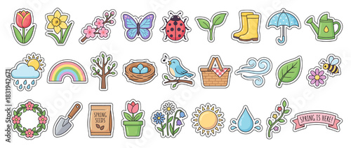 Spring and nature icon set. containing flower, butterfly, ladybug, boots, umbrella, watering can, nest, bird, and more. Vector collection