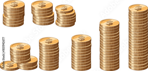 Gold coin stack progression, financial growth illustration, dollar symbol icons, value accumulation concept, money comparison graphic, investment theme
