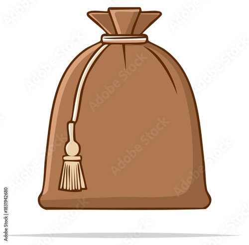 Tied brown sack with decorative tassel cartoon vector illustration