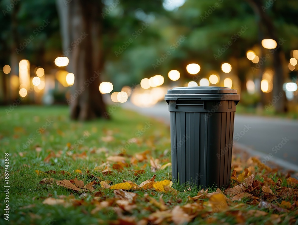Fototapeta premium A Quiet Park Scene Featuring a Trash Bin Amidst Colorful Autumn Leaves on a Tree-Lined Pathway with Soft Glowing Lights