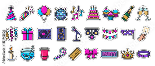 Party celebration icons set. featuring hat, balloon, cake, music note, gift, microphone, mask, drink, champagne, crown, and more. Vector collection