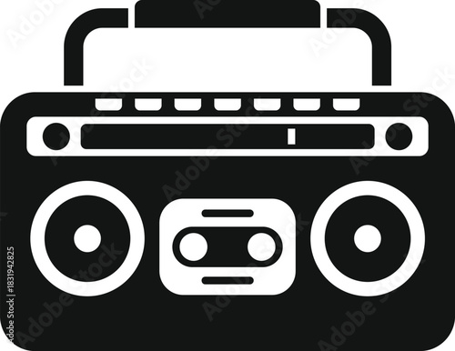 Black silhouette of a vintage boombox playing a cassette tape, representing retro music and technology