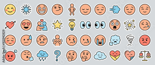 Emotion and expression icons set. including smile, love, sad, angry, thinking, surprise, crying, heart, question, calm. Vector collection