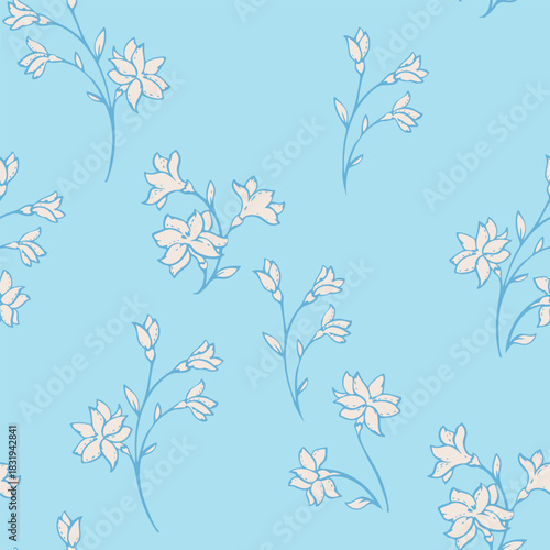 Minimal seamless floral vector pattern with delicate white blossoms and fine blue outlines on a soft sky blue background. Light, airy botanical branches create a clean and elegant design