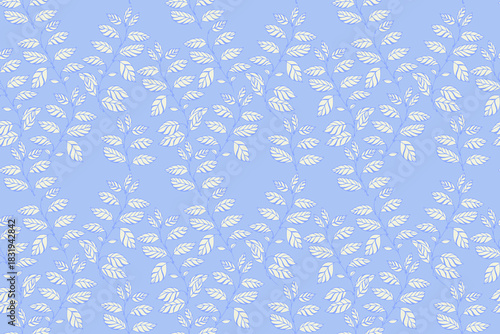 Soft seamless vector pattern with delicate hand drawn leaf branches in white and pastel tones on a light blue background. Airy, elegant designs for textiles, packaging and stationery