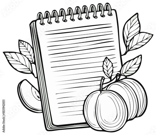 Hand drawn blank spiral notebook surrounded by fresh plums and leaves, line art illustration for recipes or journaling
