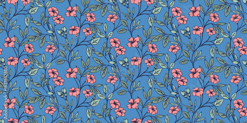 Seamless vector floral pattern with hand drawn pink blossoms and leafy branches on a rich blue background. Elegant botanical design for fabrics, wallpapers, and packaging